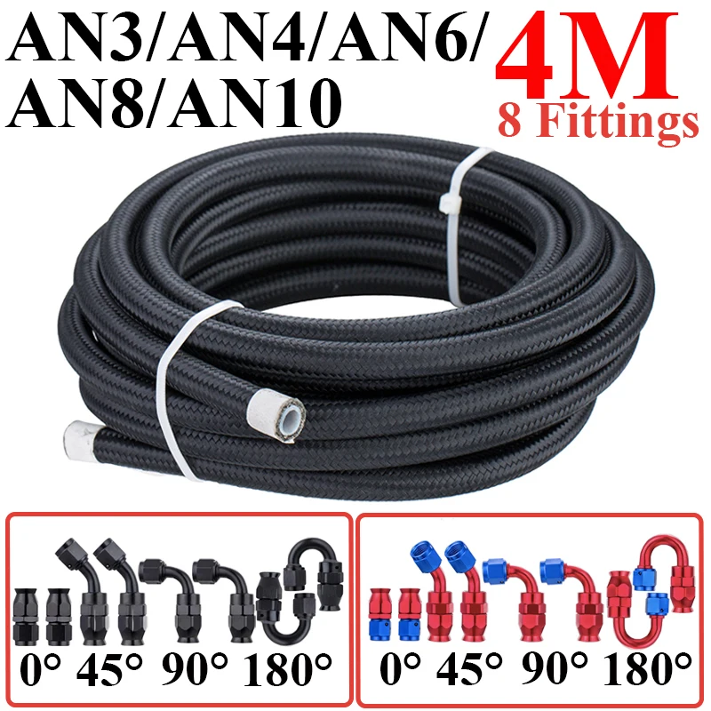 

4M/13FT AN3 AN4 AN6 AN8 AN10 E85 Nylon PTFE Fuel Hose Oil Gas Cooler Line Pipe Tube 0 45 90 180 Degree Swivel Hose End Fittings