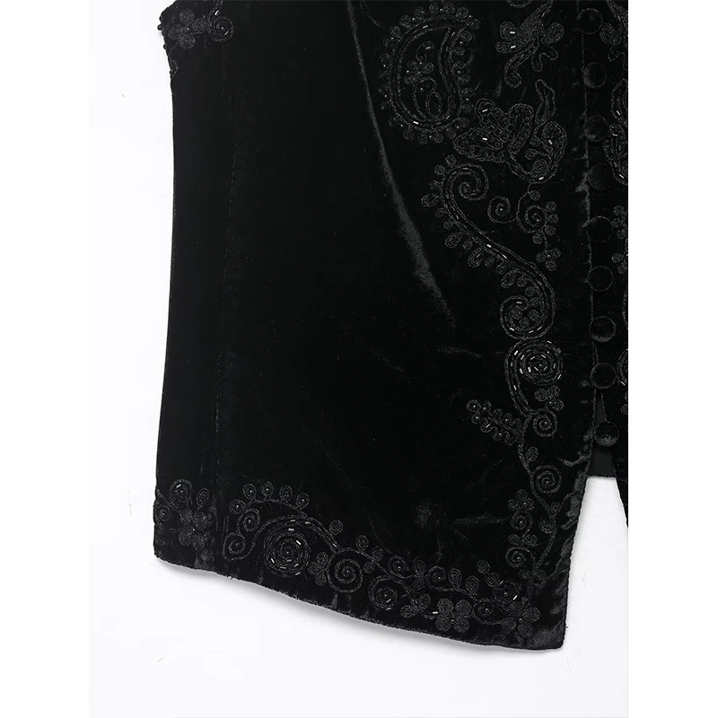 Chic Fashion Bead Embroidery Vest Woman Faux Suede Vests For Women V Neck Sleeveless Front Lace Up Waistcoat Vintage Crop Top