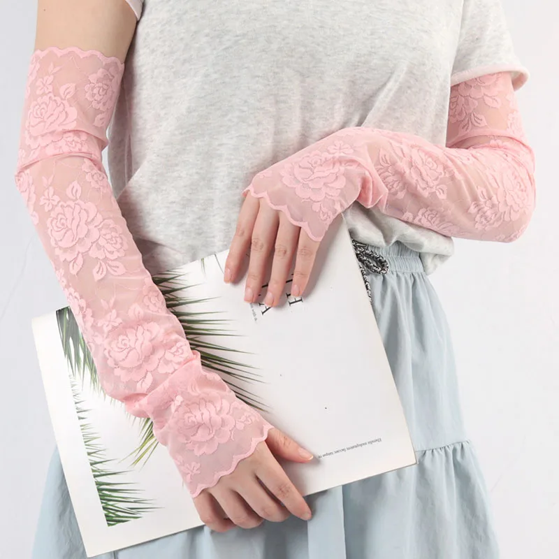 1Pair Summer Thin Fingerless Gloves Black and White Elegant Arm Sleeves Mesh Lace Elastic Driving Cycling Gloves Finger Mittens