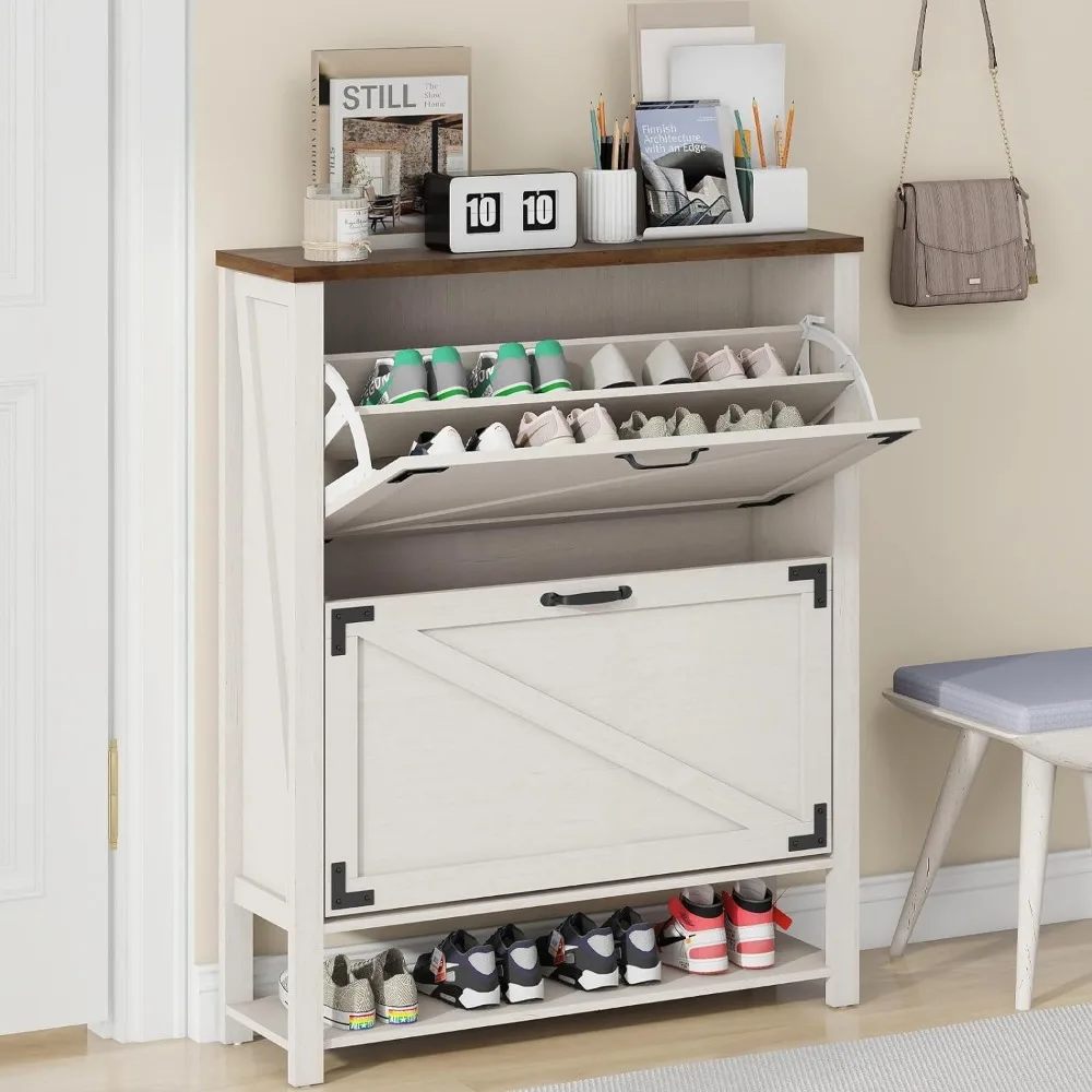 

Shoe Cabinet with 2 Flip Drawers, Farmhouse Shoe Storage Cabinet for Entryway, Freestanding Shoe Organizer