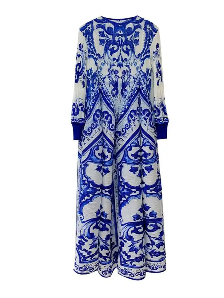 LANMREM Pleated Print Dress Women's O-neck Lantern Sleeves Color Contrast Elegant Long Dresses 2025 Spring New Clothing 2Z2990 - Image 5