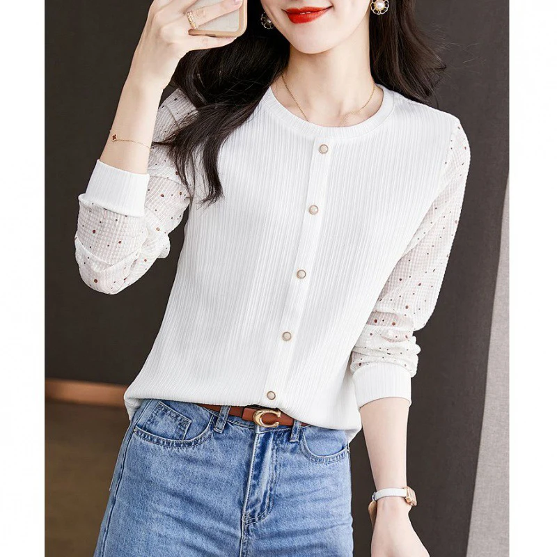 Spring Texture Comfortable Spliced Long Sleeve Women Sweatshirts Fashion Casual Oversized Inside T Shirts Tops Daily Wear White