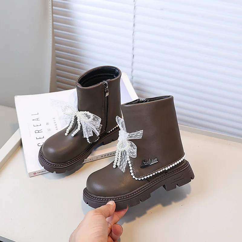 Girls Sweet Princess Ankle Boots Autumn New Children Fashion Leather Boot Elegant Lace Bowknot Kids Causal Platform Boots Zipper