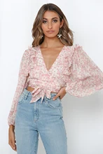 

2022 Women Casual Spring Fashion V Neck Floral Blouse Print Frill Tops Pink Bowknot Blue Wild Ruffled Chiffon Leisure Shirt