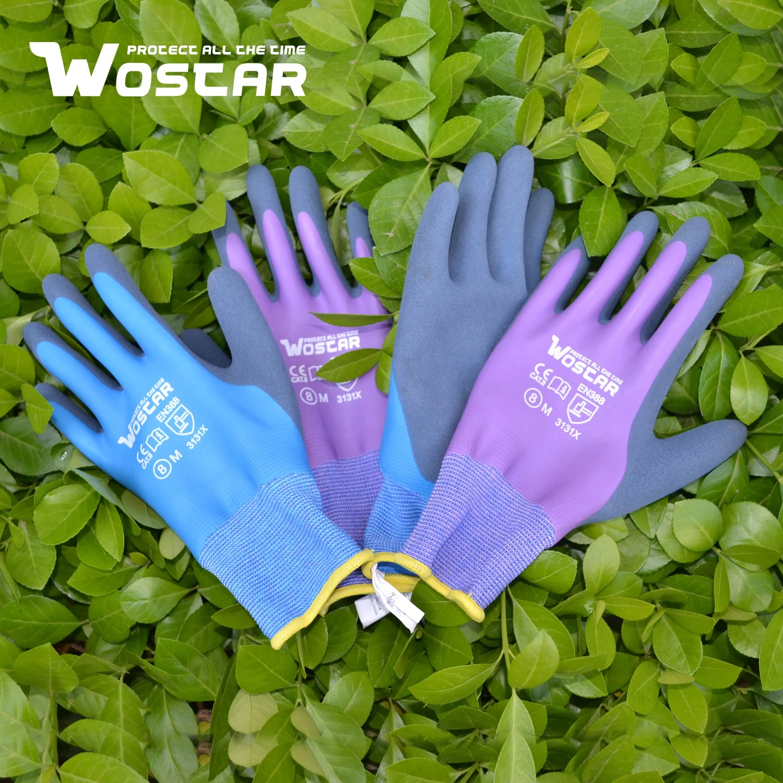 Working Gloves Purple Polyester Grey Latex Glove Wostar Protective for work Garden Durable Non-slip Waterproof Gardening Gloves