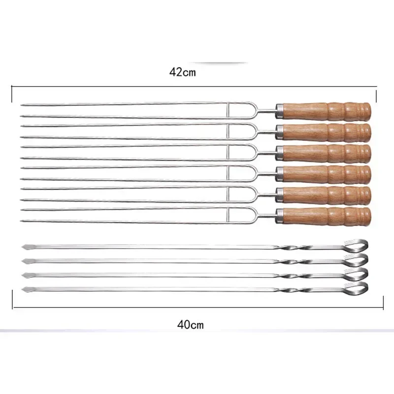 10 PCS/Set Stainless Steel Wire BBQ Skewers Wood Handle Grill Roasting Sticks Outdoor Camping BBQ Tools Storage Bag Kit