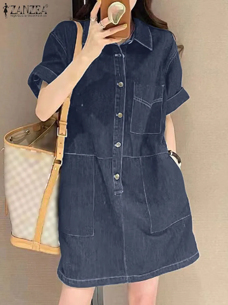 

ZANZEA 2024 Summer Women Denim Shirt Dress Short Sleeve Fashion Sundress Solid Pockets Robe Casual Turn Down Collar Mini Dresses