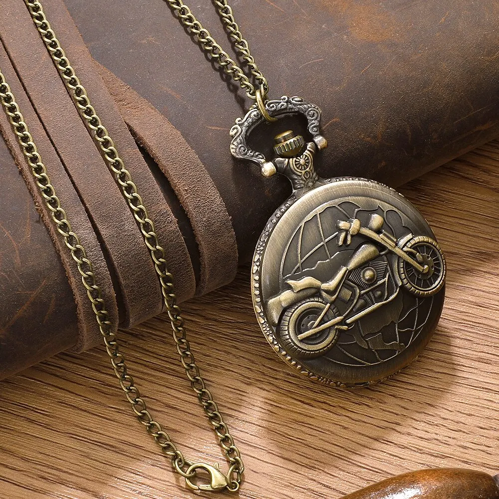 Pocket Watch Retro Motorcycle CAR Pattern Quartz Motorbike MOTO Design Pendant Fob Watch Chain Gifts for Men