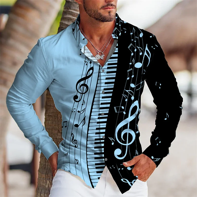 Linen Fashion Stand Collar Men Shirts Cool Music Festival Notes Piano Keys HD Printing Long Sleeves Party Fashion Plus Size mens dress shirt