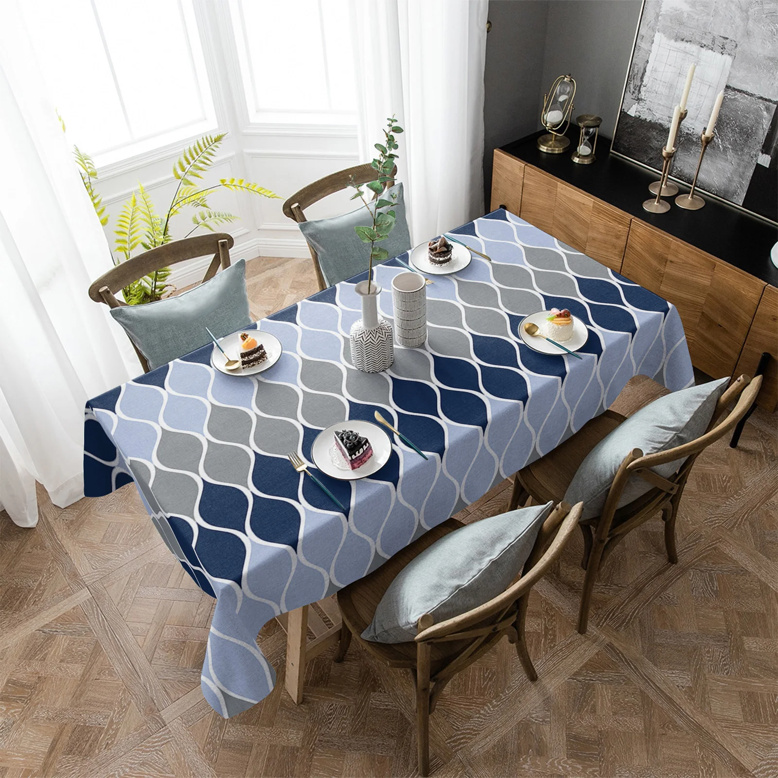 

Geometric Blue Grey Medieval Rectangle Tablecloth Party Decor Waterproof Dining Table Round Tablecloths Kitchen Home Decoration