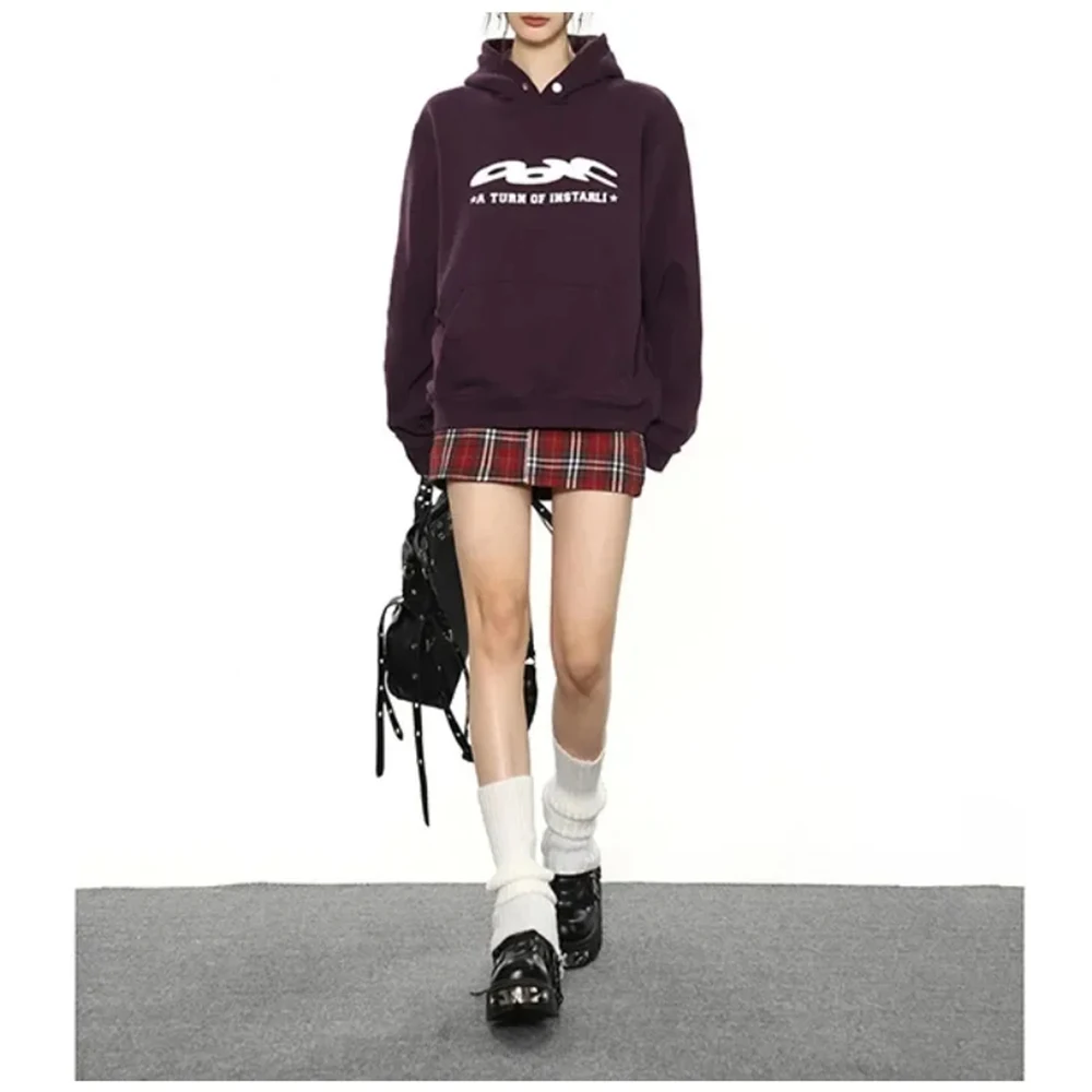 2023 Winter Women's Vintage Long Sleeve Letter Print Sweatshirts American Retro Hooded Warm Female Fashion Loose Fit Top