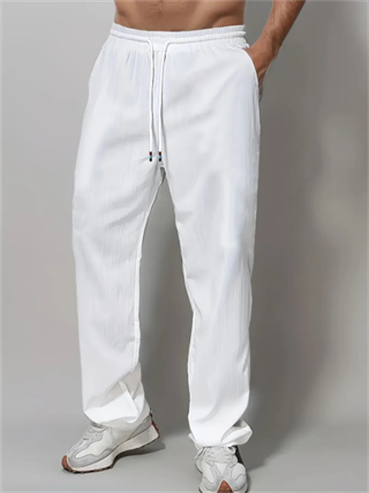 New Trend Simple Solid Color Men's Cotton Casual Drawstring Straight Leg Pants，A Gift For Men 3