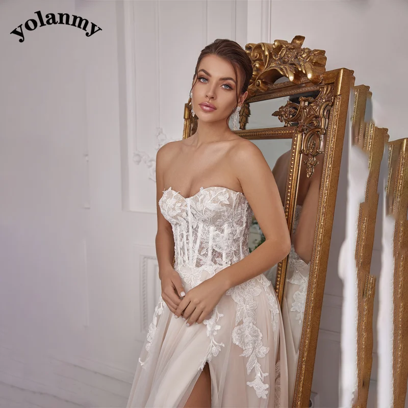 

YOLANMY Aline Elegant Wedding Dresses Sweetheart Appliques Chapel Train Charming Side Slit Illusion Lace Prom Custom Made
