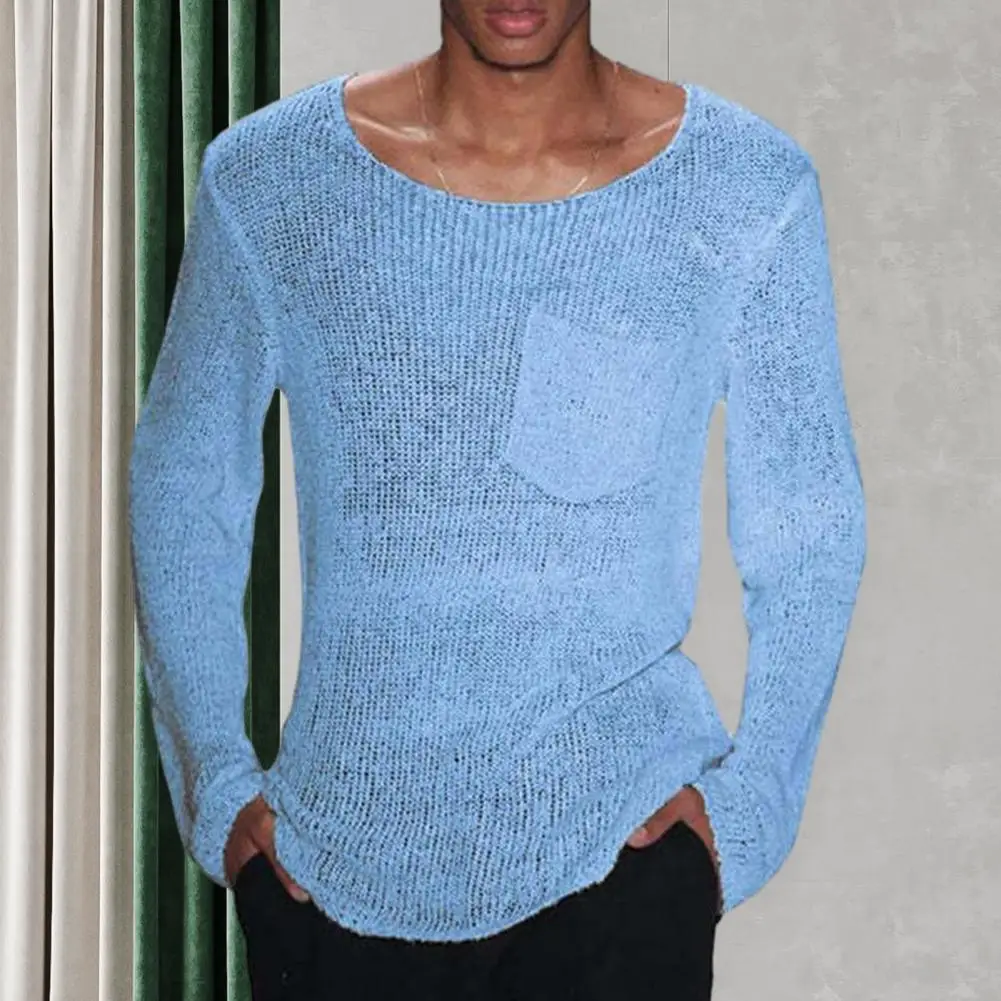 

2023 Men Hollow Out Sexy Holes T-Shirt Knitwear Casual Loose Long Sleeve O Neck Pullover Tops Knitted Tee Shirt Male Streetwear