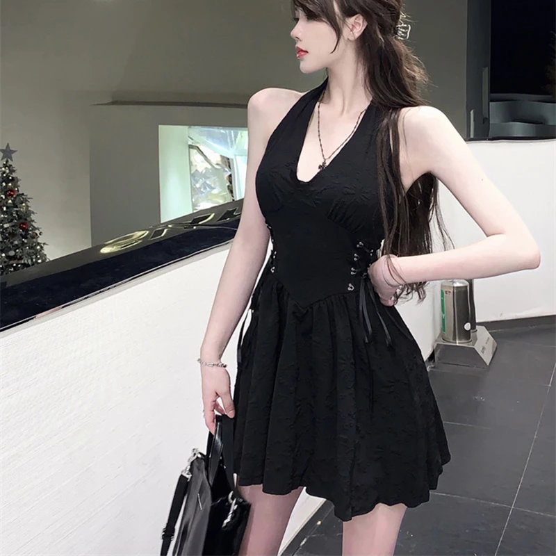 

Summer Black Halter Dress Women French Vintage Slim High Waist Backless V-Neck Party Short A-Line Beach Dress Clothing Robe
