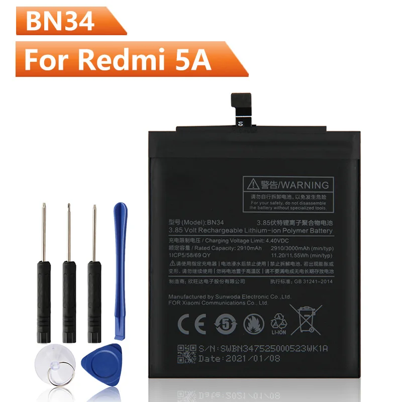 

Replacement Battery BN34 For Xiaomi Redmi 5A Redrice 5A BN34 Rechargeable Battery 3000mAh