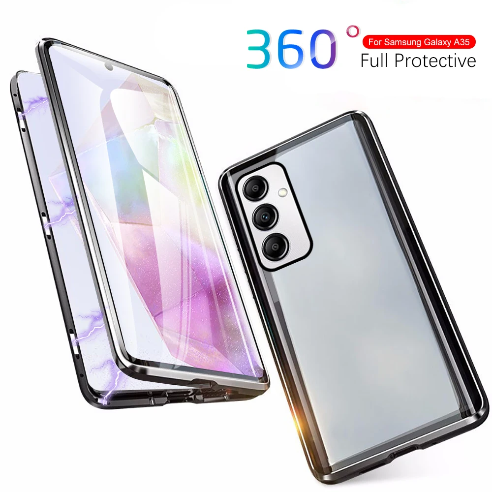 360&deg; Metal Magnetic Attraction Flip Case For Samsung Galaxy A35 5G Double-Side Tempered Glass Protect Coque SamsungA35 A 35