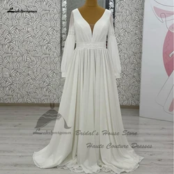Lakshmigown Simple Boho Chiffon Long Sleeve Wedding Dresses 2024 Vestidos V Neck A Line Beach Bridal Gowns Lace Up Back