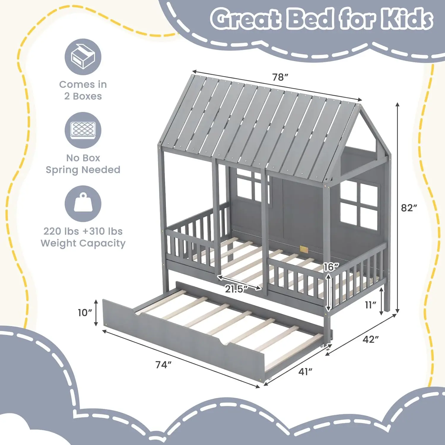 Twin House Bed with Trundle Kids Bed Frame with 82" Tall Roof Windows and Guardrail Wooden Playhouse for Teens
