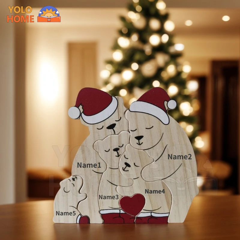 thumbnail image 1 of Rompecabezas de oso familiar, decoración de Navidad y Año Nuevo, regalo con nombre personalizado, regalo cálido para niños y madres, decoración navideña de madera artística, 1 of 4
