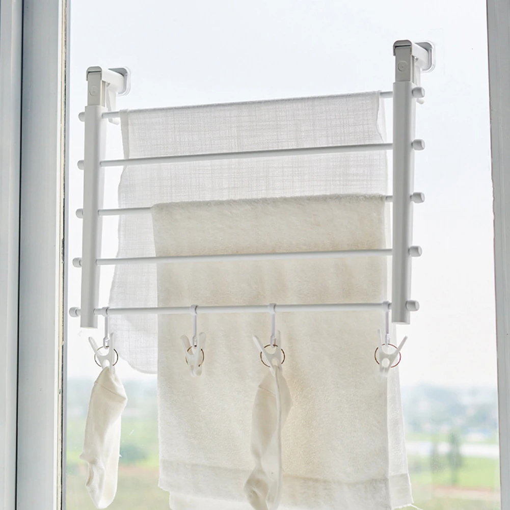 Folding Towel Rod With Sock Clip Wall Mounted Retractable Drying Racks Invisible Clothes Hanger Space Saving Non-Slip Hangers 5