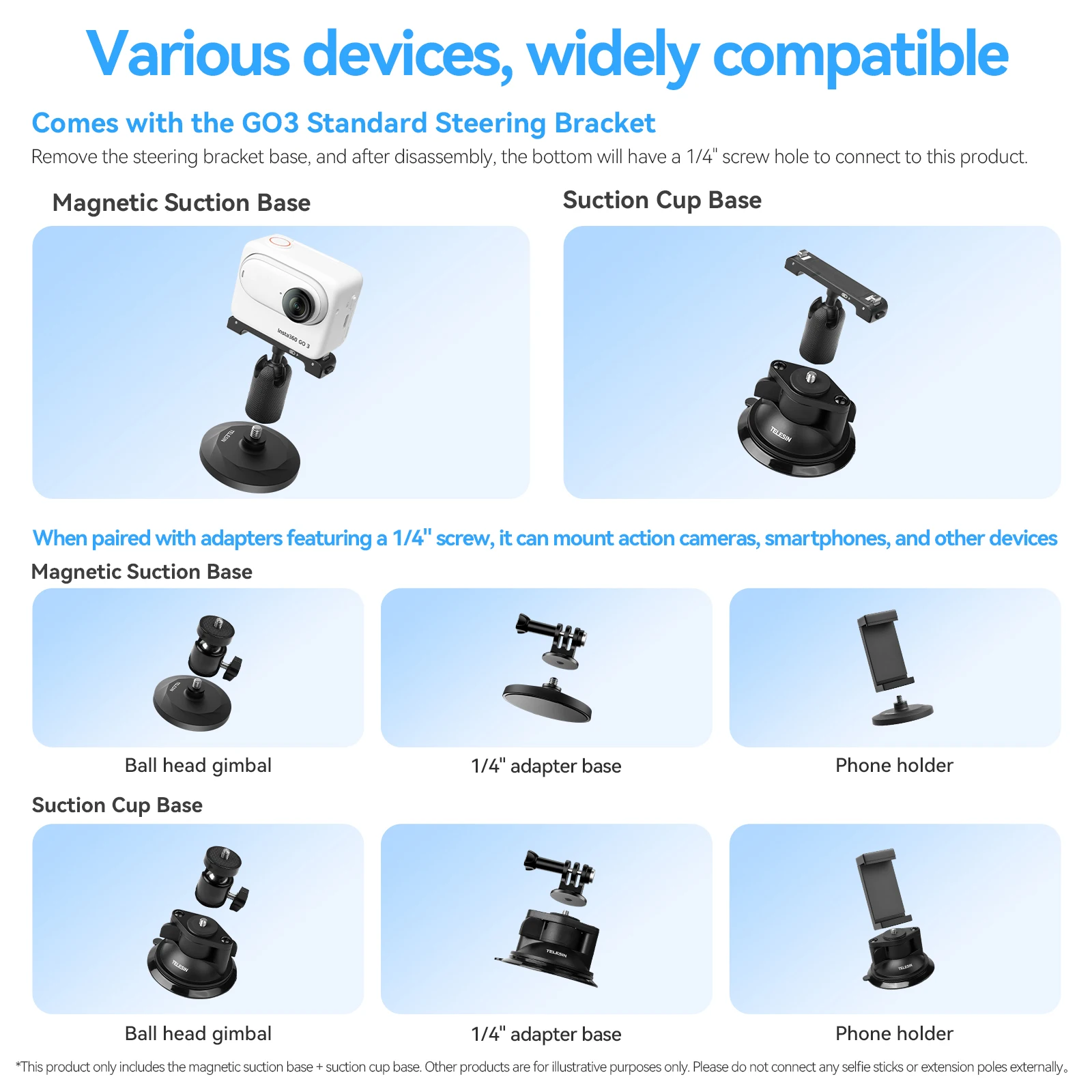Telesin-suporte de Sucção Magnética para Insta360 G03 Suporte de Câmera de Ação Suporte Base Go3 Acessórios - Image 2