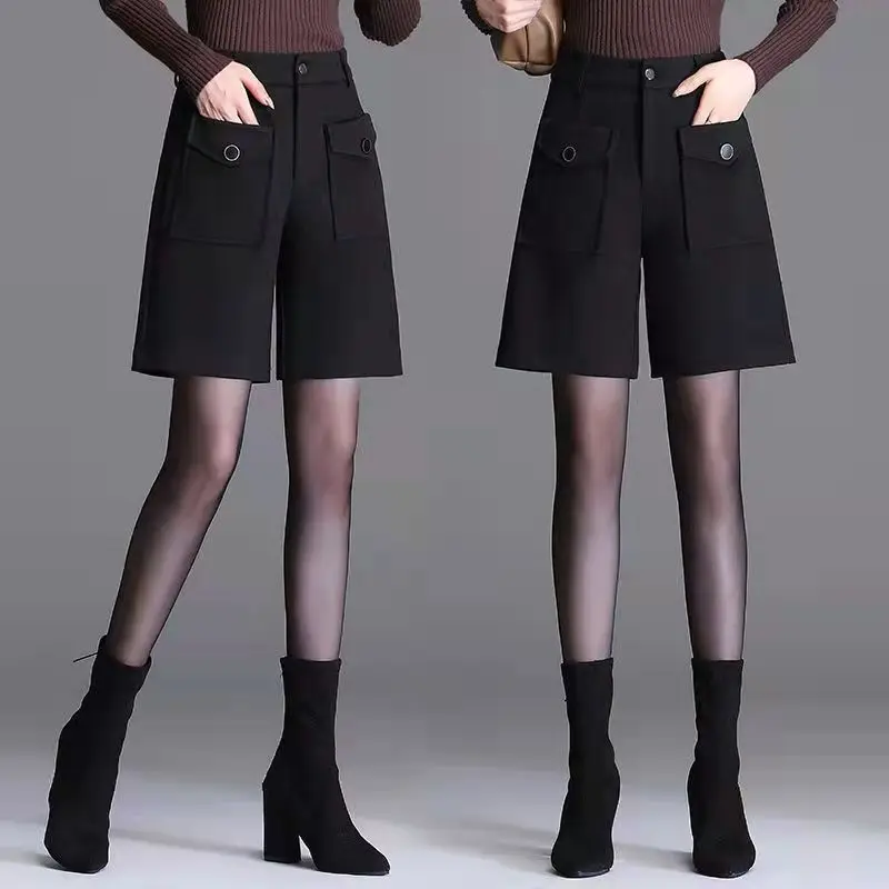 Korean Version Fashion Versatile Woolen Five Point Shorts Women's Solid Zipper Button Pockets High Waist Casual Straight Pants