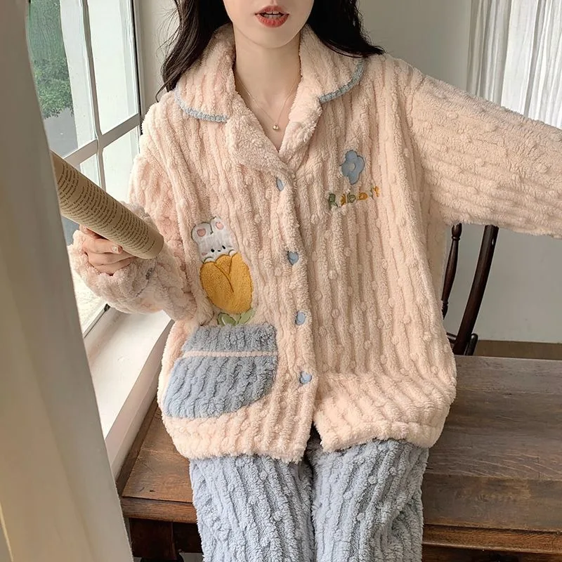 2023 New Pajama Women Autumn Winter Sleepwear Thickened Cute Flannel V-neck Homewear Princess Style Warm Loungewear Set