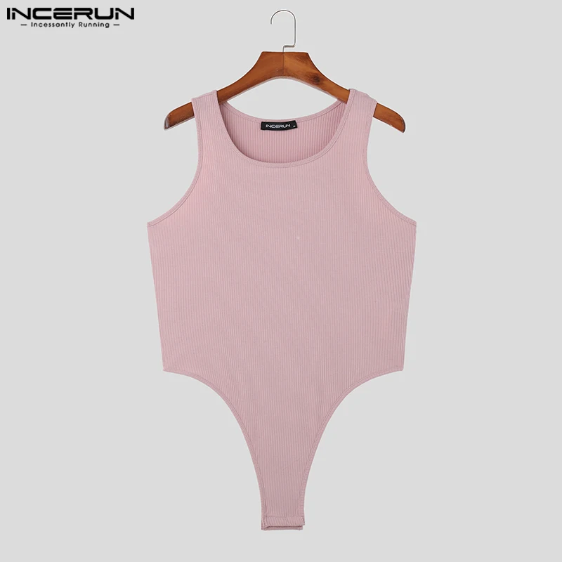 Men Bodysuits Solid Color O-neck Sleeveless Knitted Rompers Male Tank Tops Summer Bodysuit For Men Bodysuits Men Lingerie