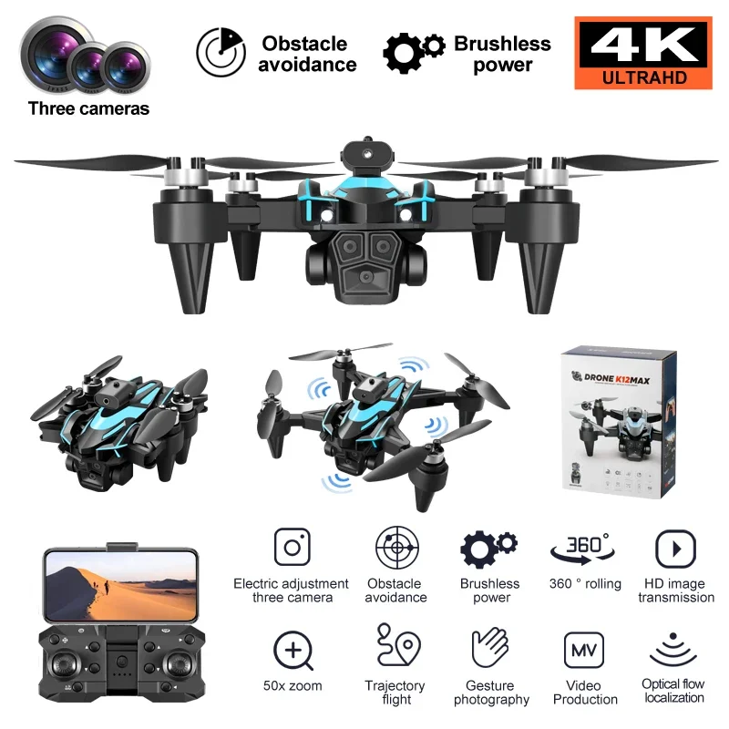 접이식 드론 4K 카메라 & 장애물 회피 K12 MAX RC 쿼드콥터 브러시리스 모터 장난감 성인 어린이용 신형 항공 촬영