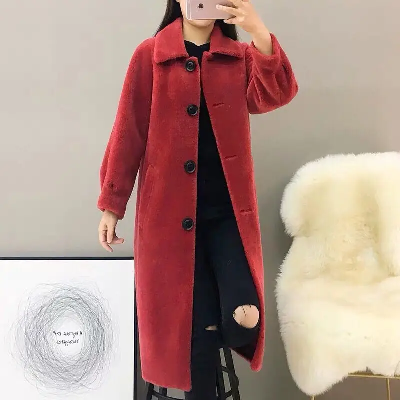 

Woman Lambs Wool Sheared Natural Fur Coat Femlae Long Winter Thickening Warm Jackets Ladies Turn-down s G696