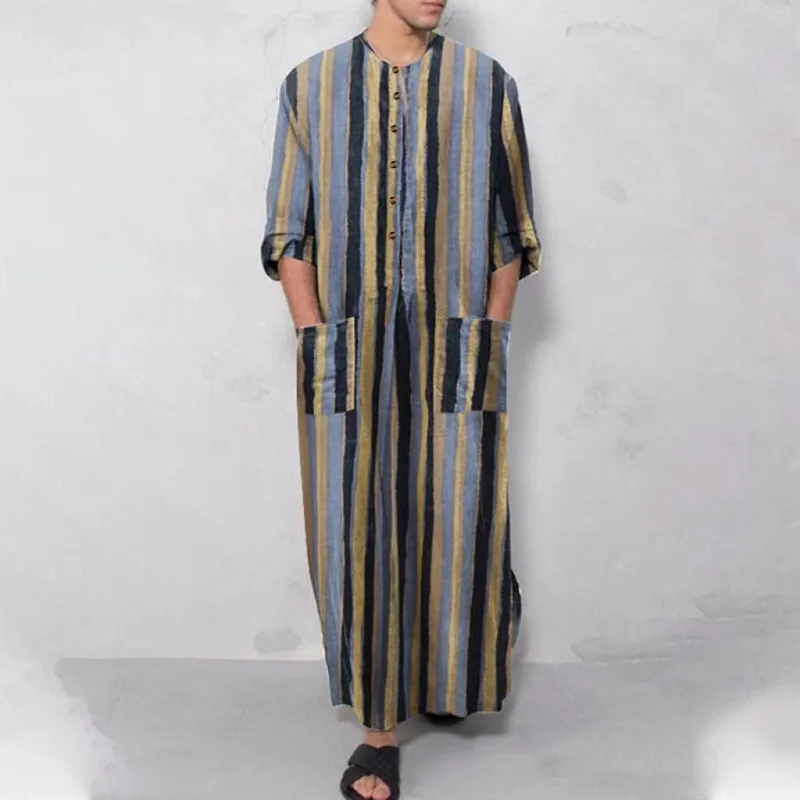 Men Sleepwear Nightgown Robe Arabian Striped Clothing Long Sleeve Shirt Vintage Homewear Cotton Bathrobe Plus Size Buttons New