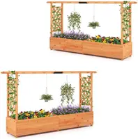 Raised Garden Bed with Trellis, 2 Pack Freestanding Wood Planter Box w/Hanging Roof & 8 Drainage Holes for Vine Climbing 1
