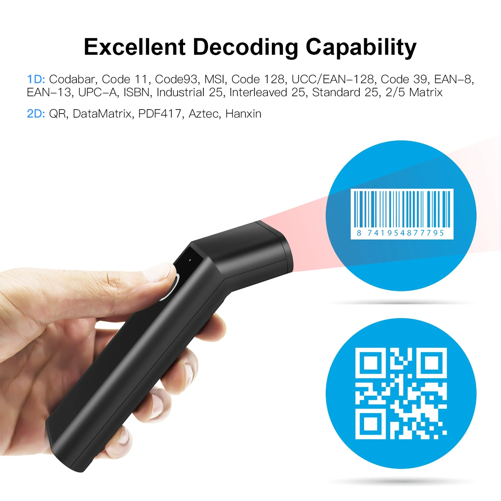 【New】3-in-1 Barcode Scanner Handheld 1D/2D/QR Bar Code Reader Support BT & 2.4G Wireless &USB Wired Connection with Charging