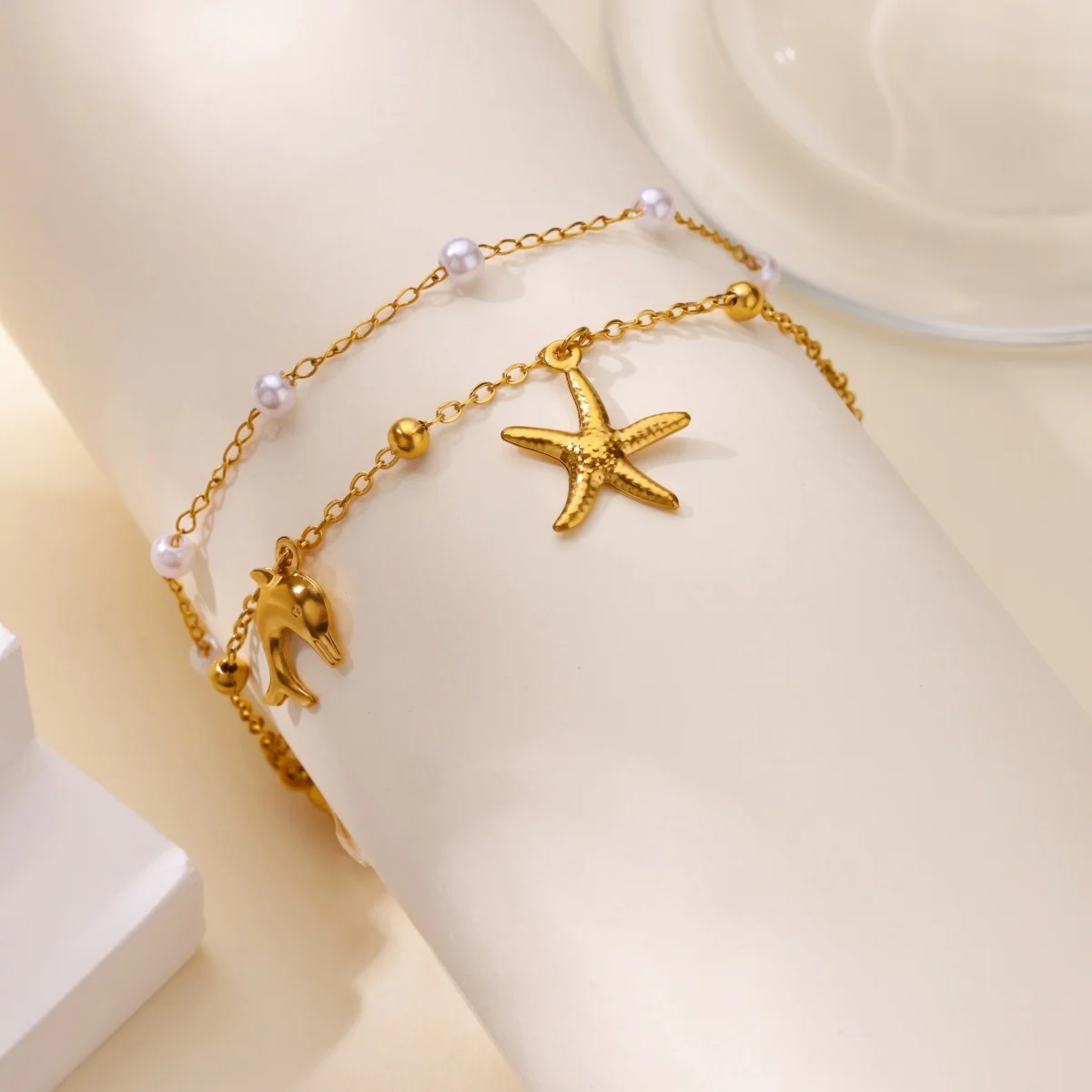 Starfish Shell Anklet For Women Gold Color Stainless Steel Pearls