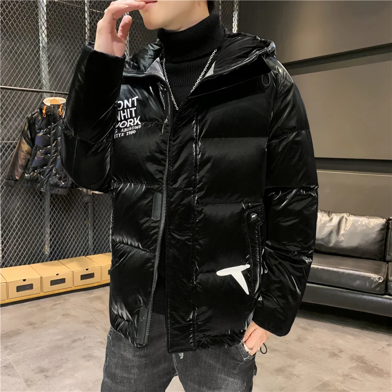 Casual 2023 Autumn Winter Men's Shiny Hooded Cotton-Padded Jackets Streetwear Bright Thick Warm Parkas Waterproof Top Down Coats