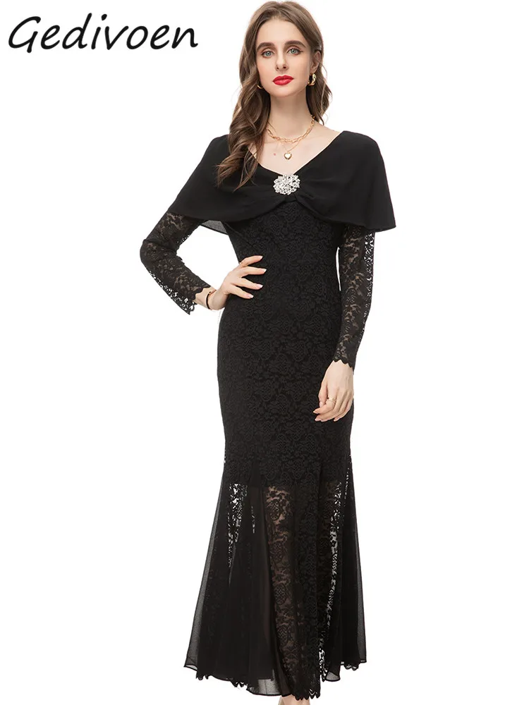 

Gedivoen Spring Fashion Runway Black Luxury Mermaid Dress Women V Neck Embroidery Diamond Sashes Package Buttock Slim Long Dress