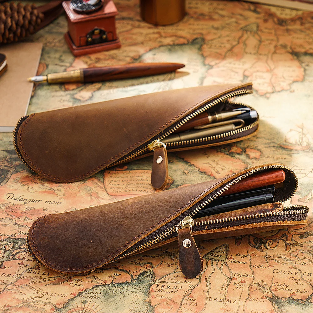 Genuine Leather Pen Holder S-shaped Zipper Vintage Pencil Case - Main Image