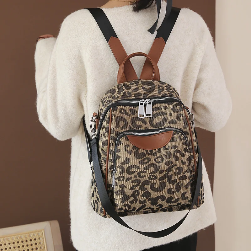 New Designer Backpack Women Shoulder Bag Vintage Leopard Bagpack
