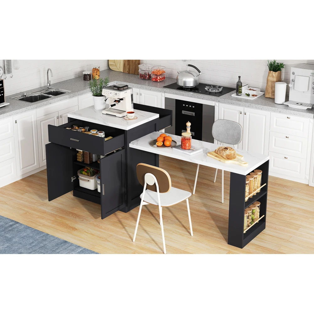 Kücheninsel mit ausziehbarem Esstisch für 4–6 Personen, zweifarbiger Design-Steckdosen-Aufbewahrungsschrank, 2 Schubladen, 2 seitlich offene Regale – Detail 10