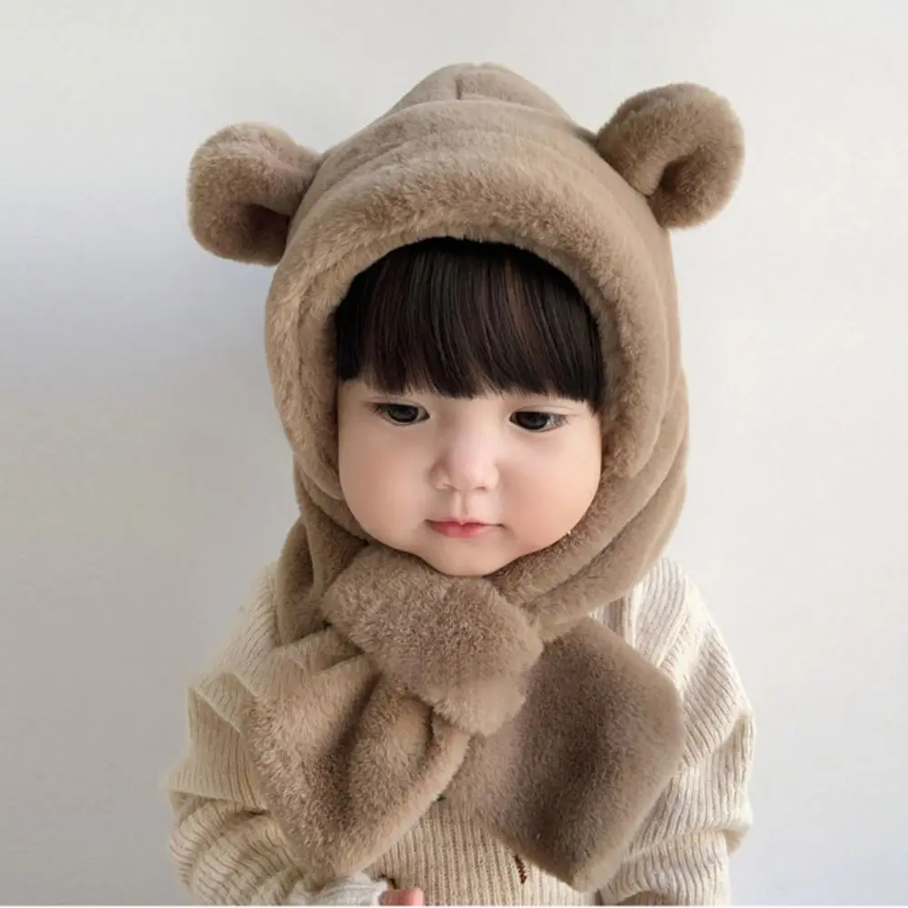 Solid Color Bear Plush Hat Fashion Design Cloth Accessories Children Fleece Hat Muffler Cartoon Plush Hat with Scarf Kid