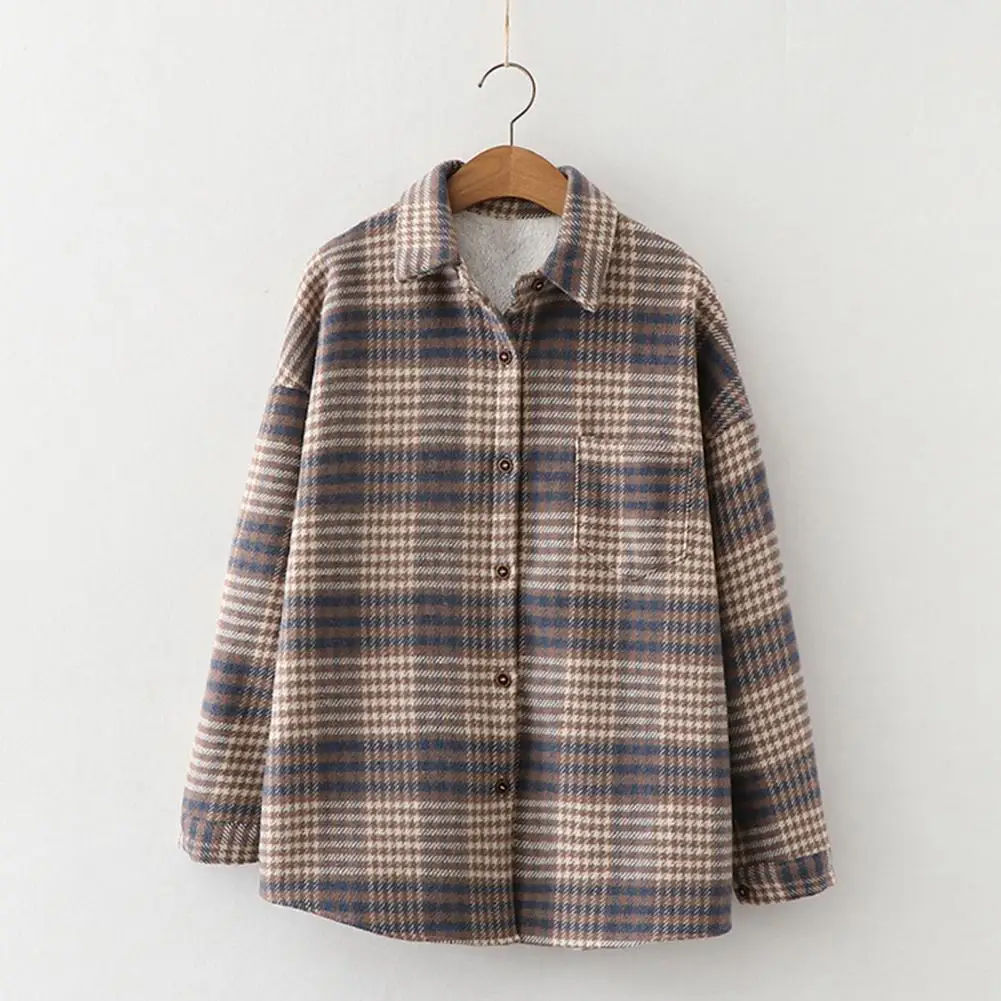 Woolen Cardigan Korean Fashion Plaid Print Plush Lining Women Shirt Coat Lapel Long Sleeves Patch Pocket Single Breasted Jacket