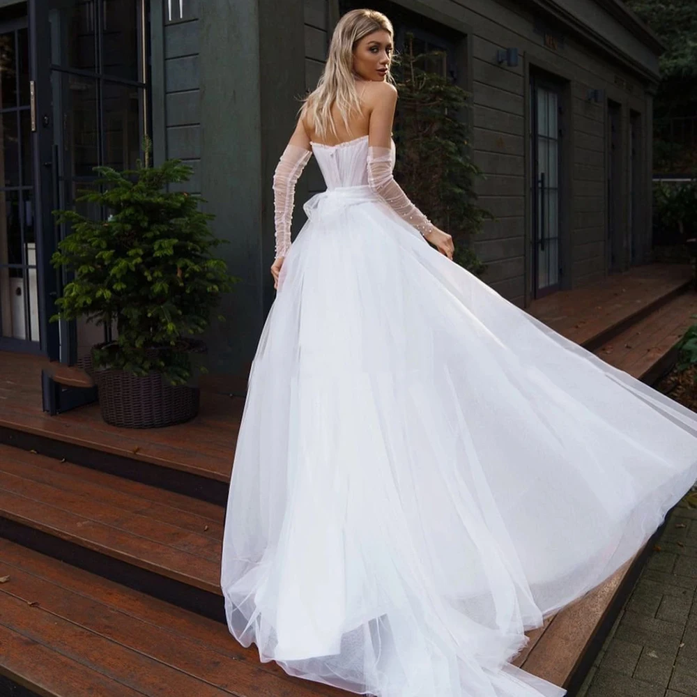 Modern White Strapless Removable Sleeves Beach Wedding Dress