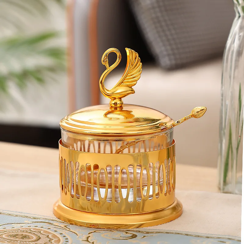 

Metal, Glass Sugar Bowl, Creative Fashion Cup, Restaurant Seasoning Bottle, Kitchen, Golden Peacock Pattern Sugar Canister