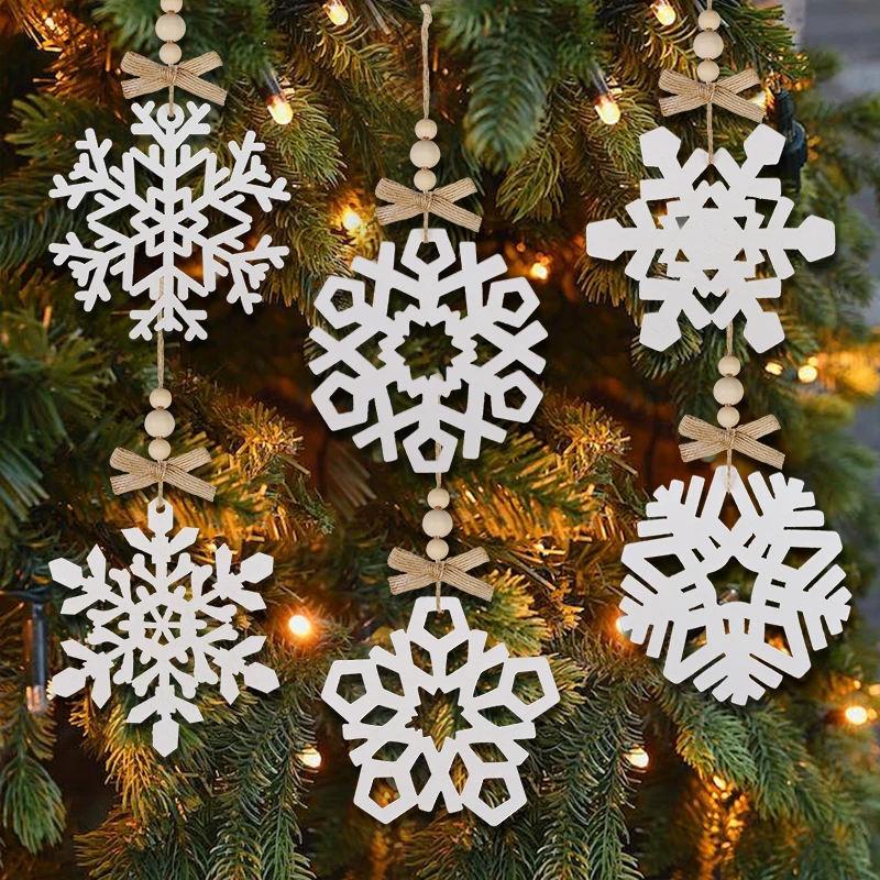 6pcs White Snowflakes Wooden Ornament Xmas Tree Hanging Pendants Christmas Decoration For Home New Year Holiday Crafts DIY Gift
