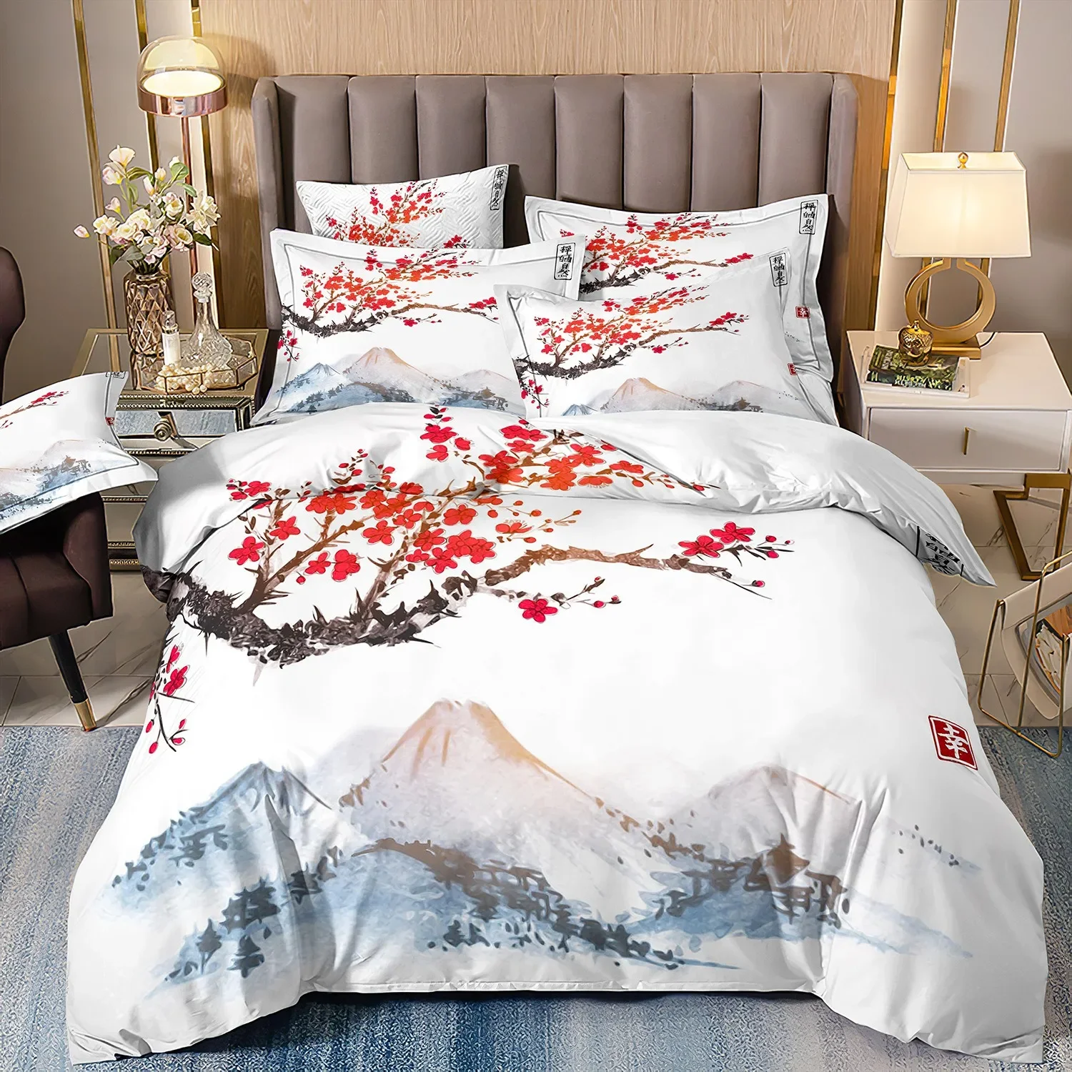 Japanese-Style Duvet Cover Cherry Bedding Set  Ukiyo-e Theme Wave Pattern quilt cover Mountain Exotic Style