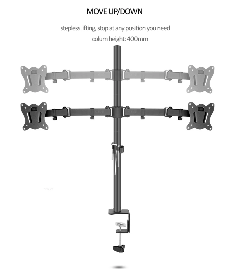 400mm DL-T902-240 Desktop-Ständer, voll beweglicher 360-Grad-Stahlmonitorhalter, 10"-27" Klemmfuß, Monitorhalterungsarm, Traglast 12kg – Detail 10
