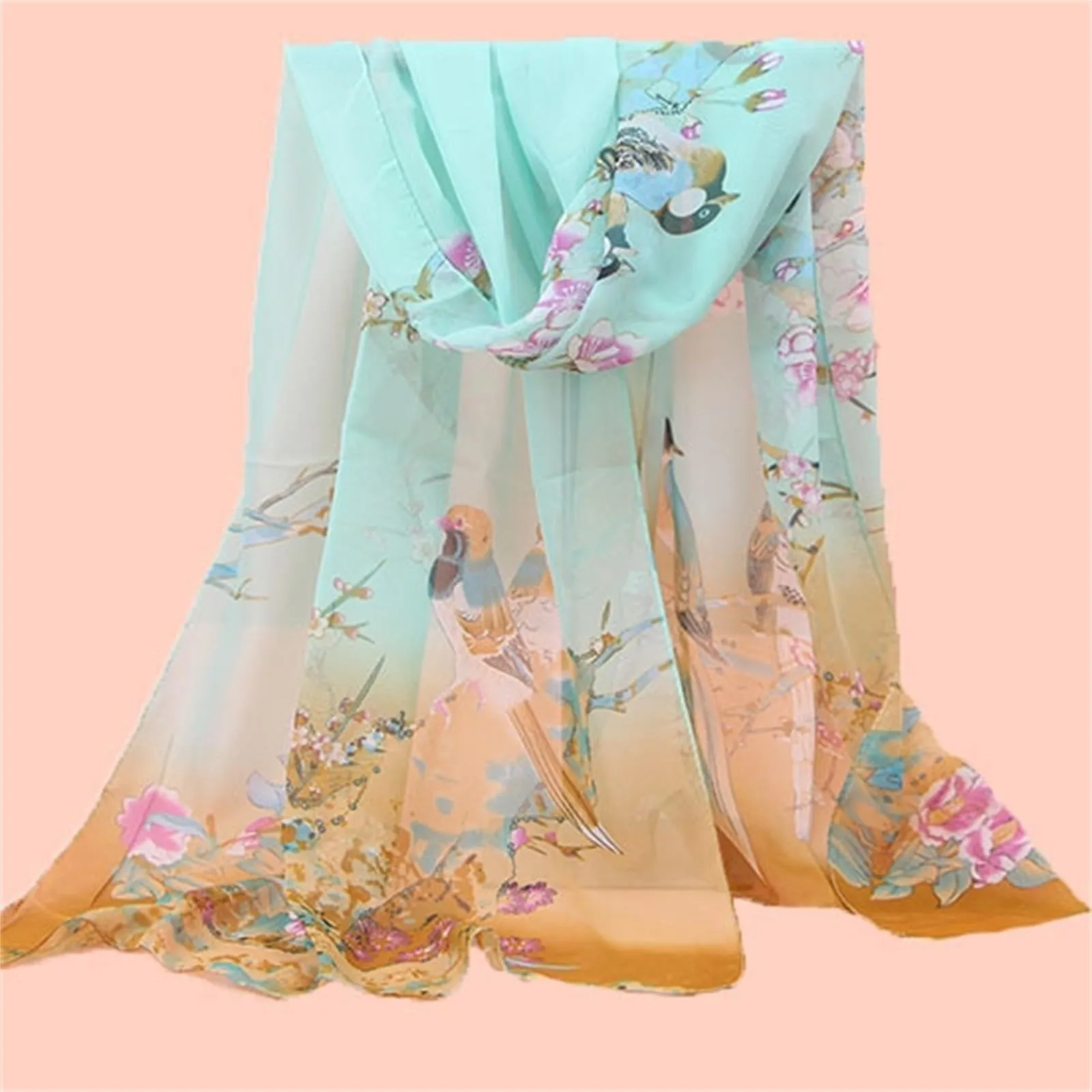 Bird Woman Chiffon Long Silk Scarf Small Women Beach Silk Thin Scarf Pure Soft Scarves Black White Lady Polka Soft Scarfs scarf accessories