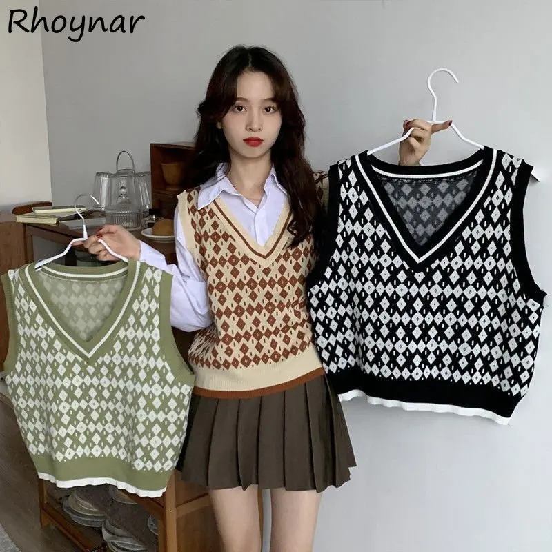 

V-neck Sweater Vest Women Argyle Knitwear Vintage Baggy Preppy Harajuku Girlish Sweet Personal Korean Fashion Жилетка Женская BF