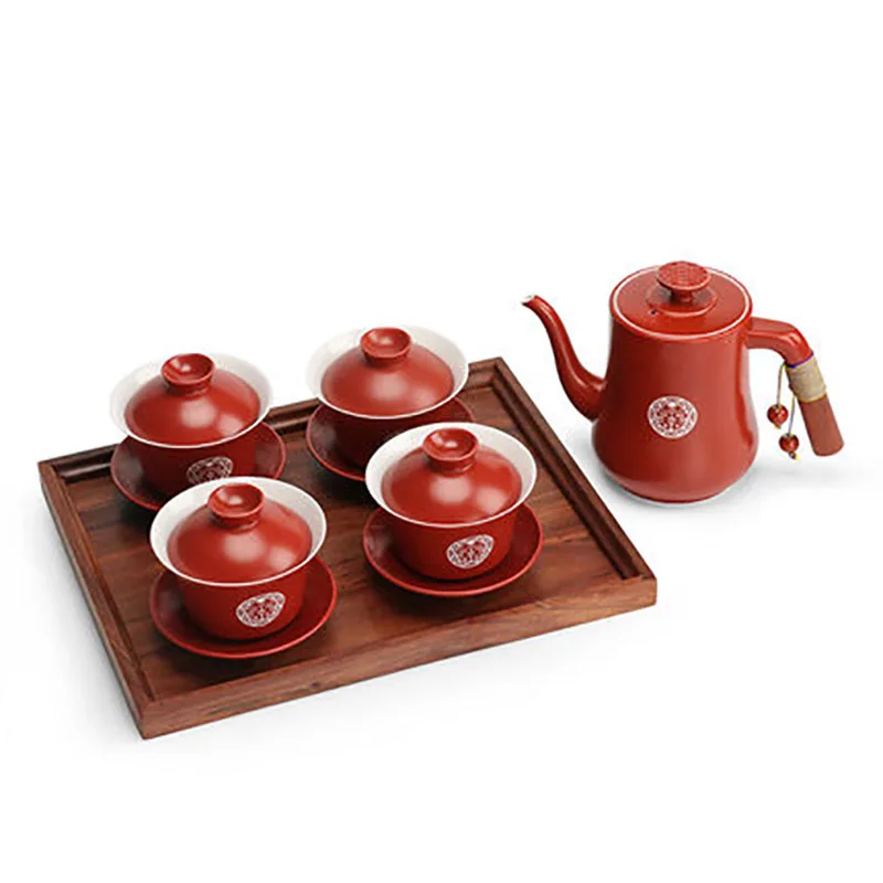 Red Ceramic Tea Set with Serving Tray, Teapot, Gaiwan, Porcelain, Wedding Supplies, Newlywed Party Souvenir Gift, Chinese